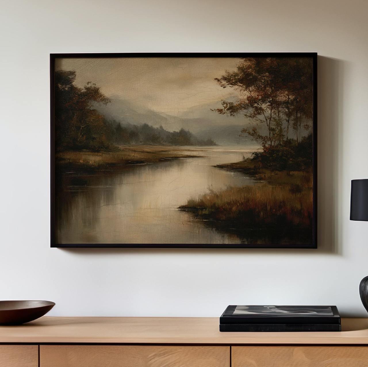 Moody Fall Lake Landscape Print, Vintage Autumn Oil Painting Wall Art, Modern Cottage Fall Decor for Living Room, ART283