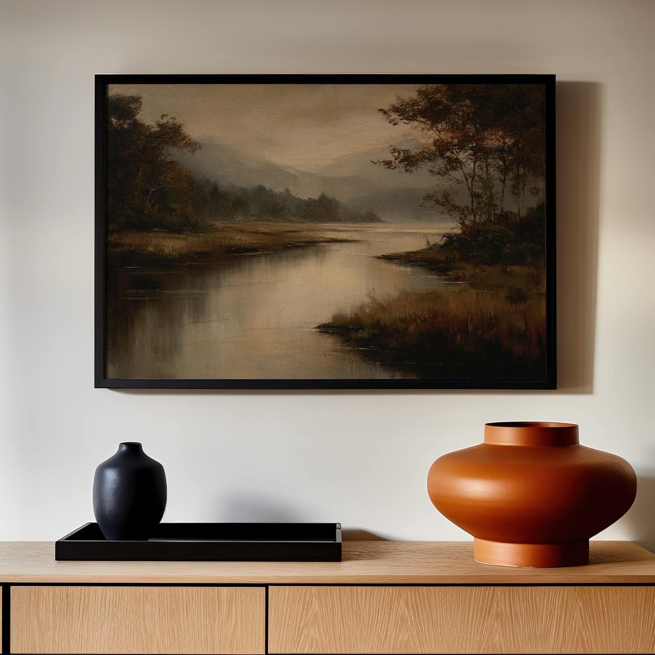 Moody Fall Lake Landscape Print, Vintage Autumn Oil Painting Wall Art, Modern Cottage Fall Decor for Living Room, ART283
