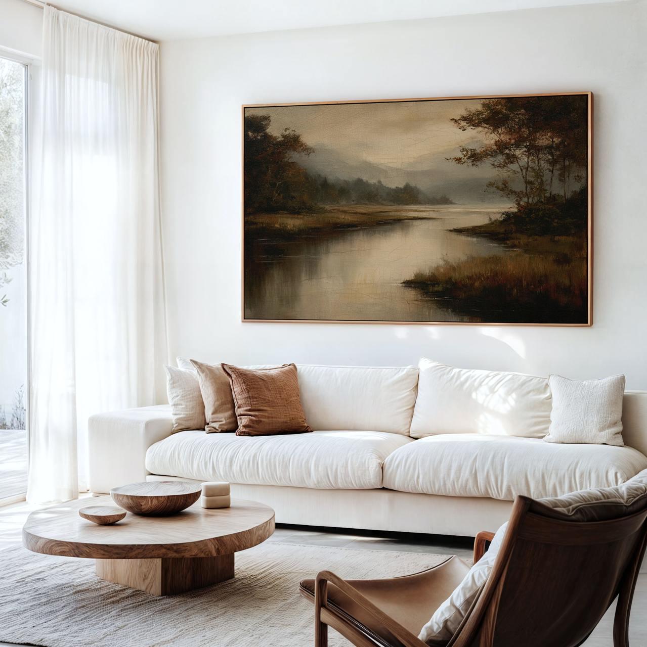 Moody Fall Lake Landscape Print, Vintage Autumn Oil Painting Wall Art, Modern Cottage Fall Decor for Living Room, ART283