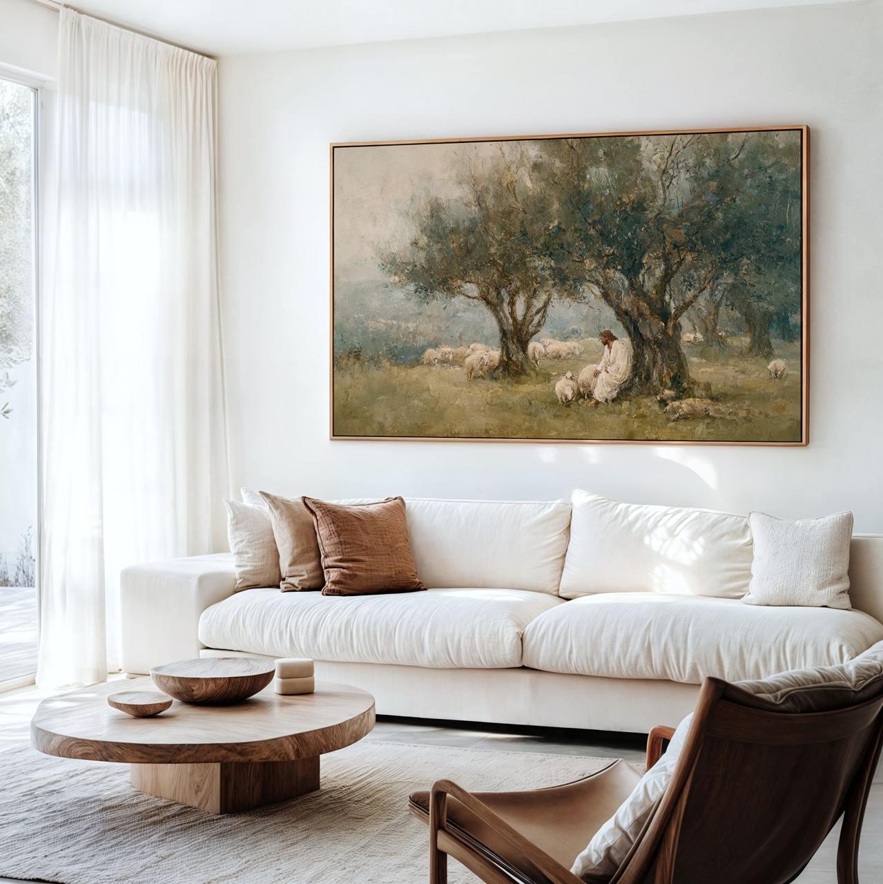 The Lord is My Shepherd Christian Wall Art, Jesus Leaves the 99, Neutral Jesus and Sheep Oil Painting, Modern Faith Deco