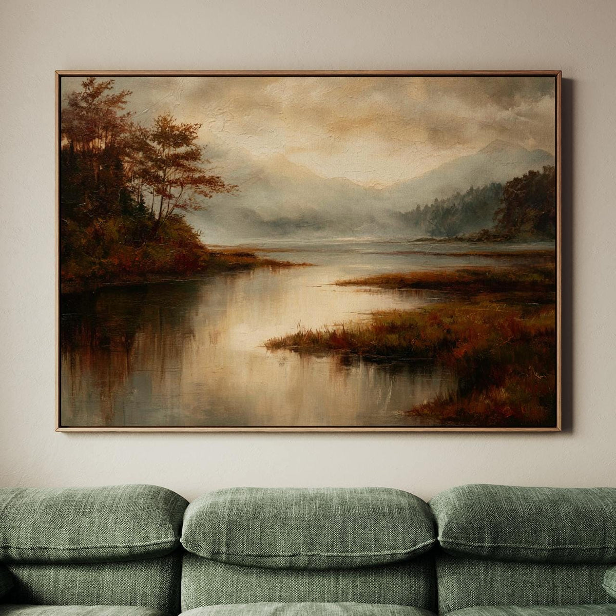 Modern Cottage Fall Wall Art, Moody Lake Autumn Print, Vintage Oil Painting, Textured Fine Art for Living Room, ART283