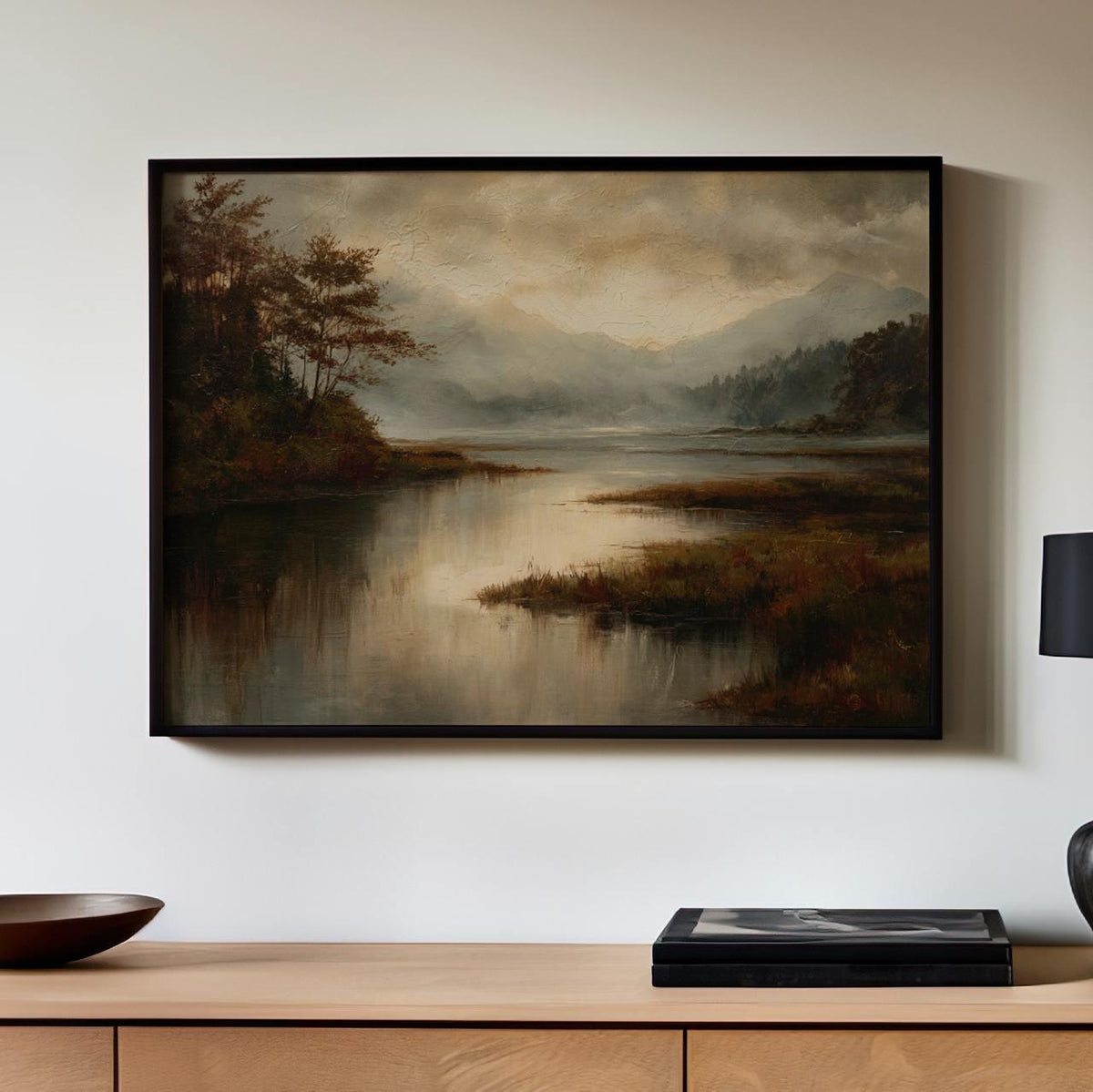 Modern Cottage Fall Wall Art, Moody Lake Autumn Print, Vintage Oil Painting, Textured Fine Art for Living Room, ART283