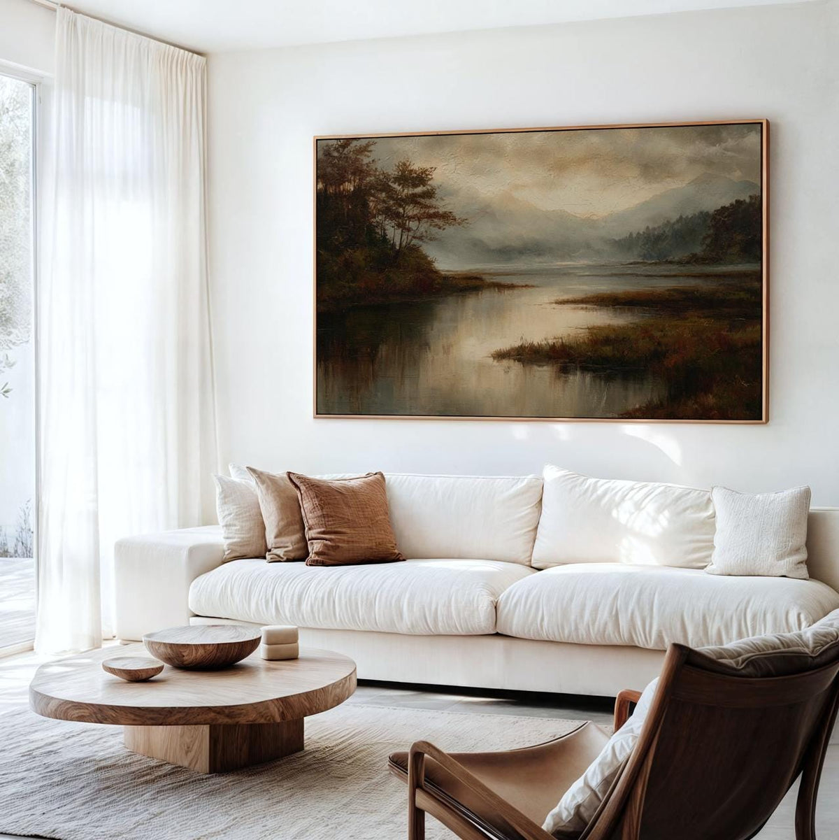 Modern Cottage Fall Wall Art, Moody Lake Autumn Print, Vintage Oil Painting, Textured Fine Art for Living Room, ART283