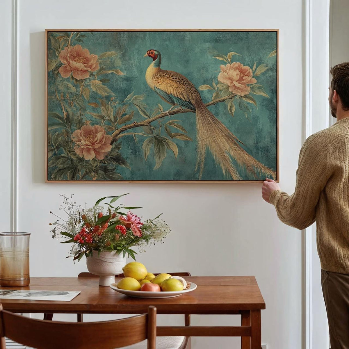 William Morris Botanical Peacock Tapestry, Retro Blue Bird Wall Art, Vintage Textile Decor, ART58