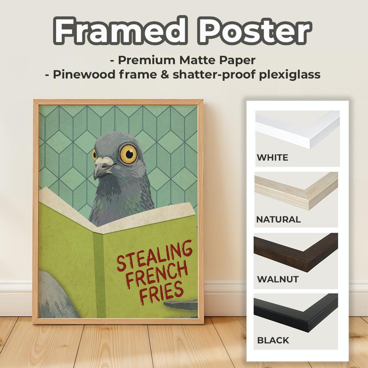 Funny Reading Pigeon Wall Art - Framed Cute Pigeon Poster, Toilet Humor Bathroom, Cheeky Laundry Room Decor, Trendy Gift