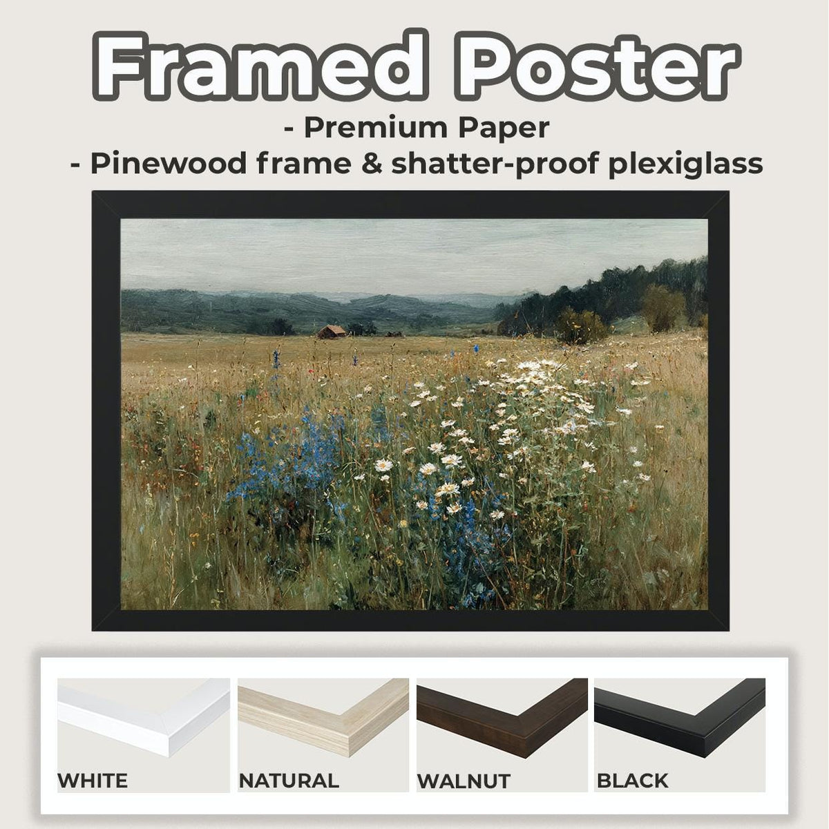 Vintage Wildflower Meadow Framed Canvas Print Art, Botanical Floral Large Wall Decor, Modern Home Rustic Panoramic Lands