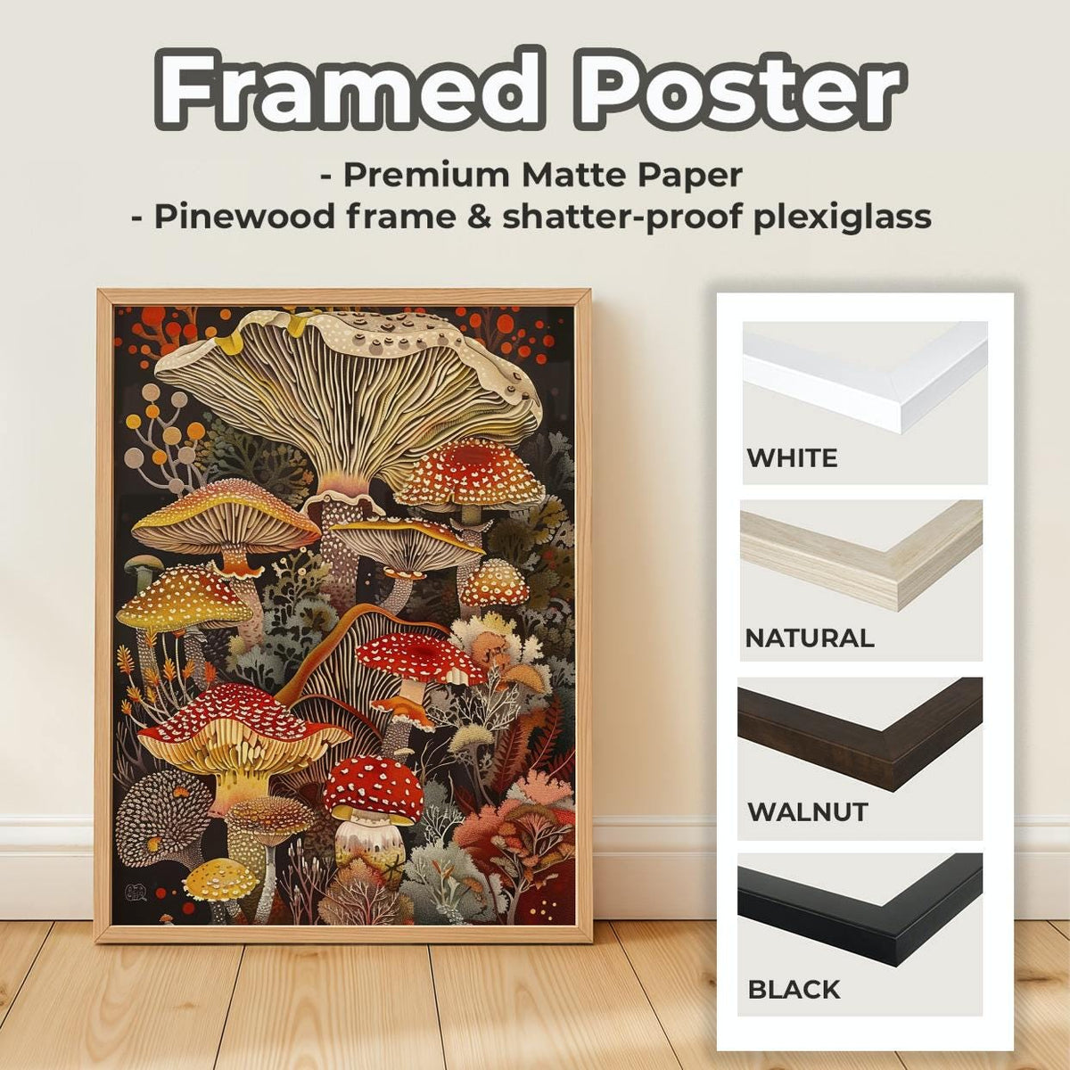 Mushroom Wall Art Framed Canvas Print, Botanical Kitchen Decor, Earthy Rustic Fungi Artwork, Nature Inspired Gift for Mu
