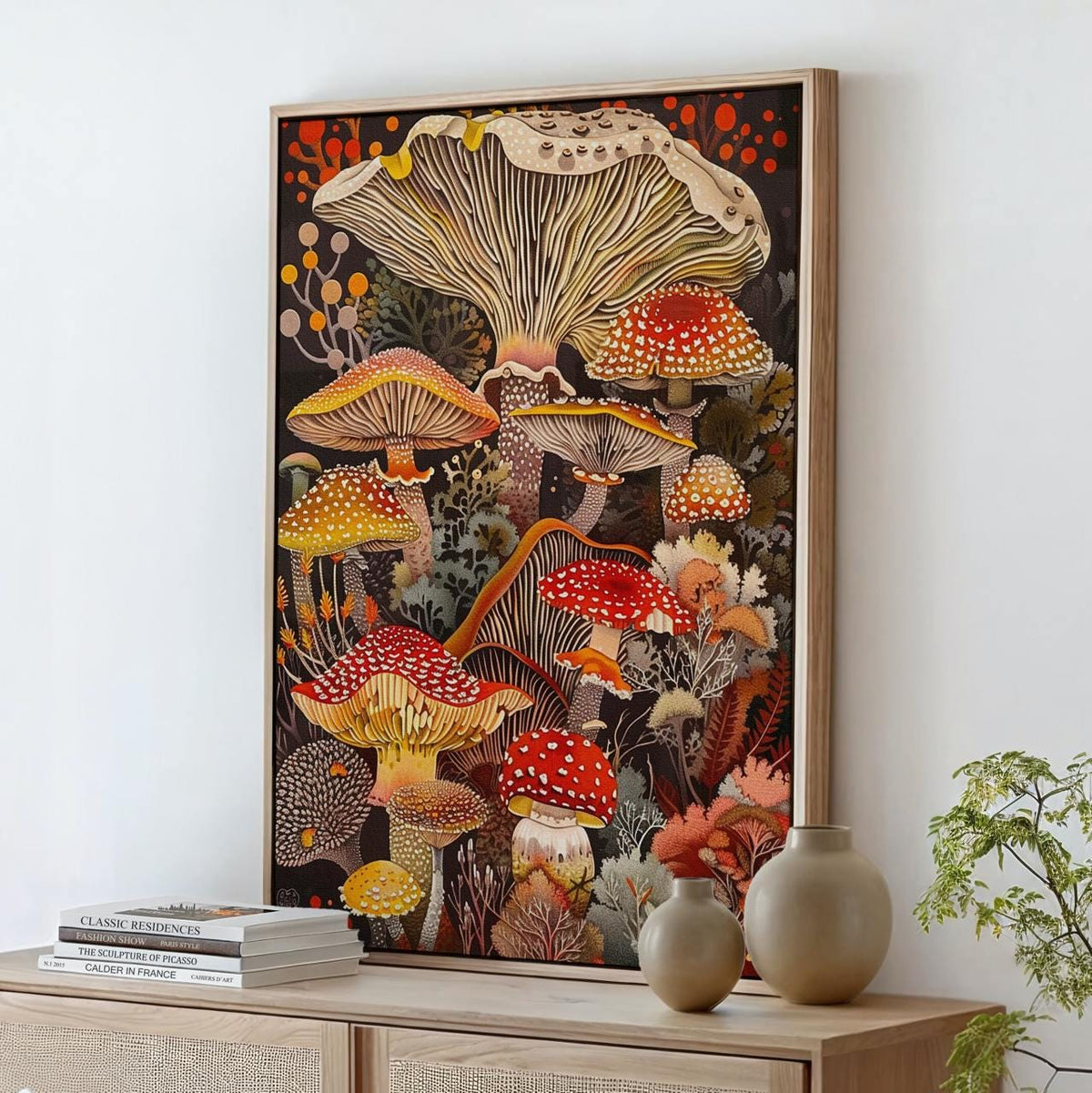Mushroom Wall Art Framed Canvas Print, Botanical Kitchen Decor, Earthy Rustic Fungi Artwork, Nature Inspired Gift for Mu