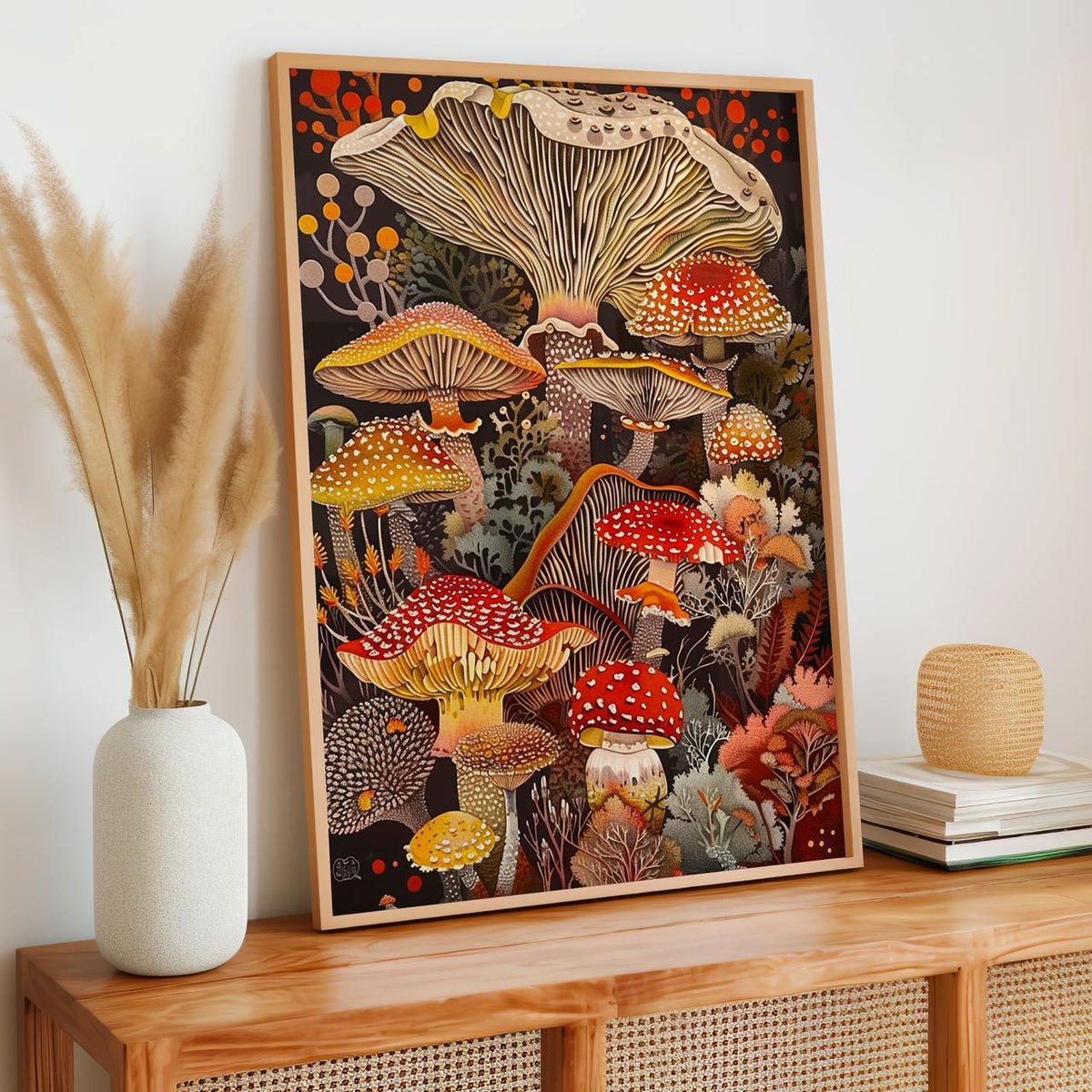 Mushroom Wall Art Framed Canvas Print, Botanical Kitchen Decor, Earthy Rustic Fungi Artwork, Nature Inspired Gift for Mu