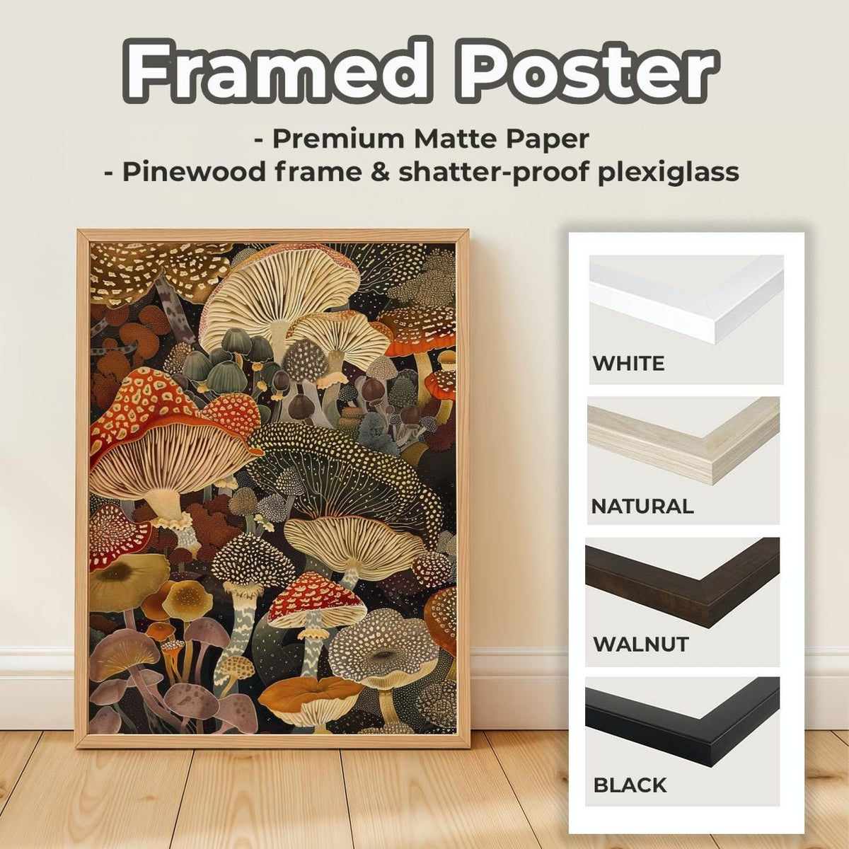 Botanical Mushroom Wall Art, Framed Canvas Print for Kitchen Decor, Rustic Earthy Fungi Artwork, Nature Inspired Gift, A