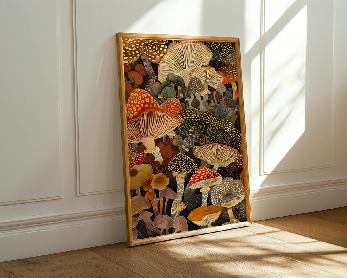 Botanical Mushroom Wall Art, Framed Canvas Print for Kitchen Decor, Rustic Earthy Fungi Artwork, Nature Inspired Gift, A