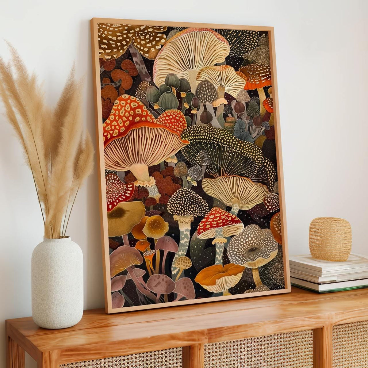 Botanical Mushroom Wall Art, Framed Canvas Print for Kitchen Decor, Rustic Earthy Fungi Artwork, Nature Inspired Gift, A