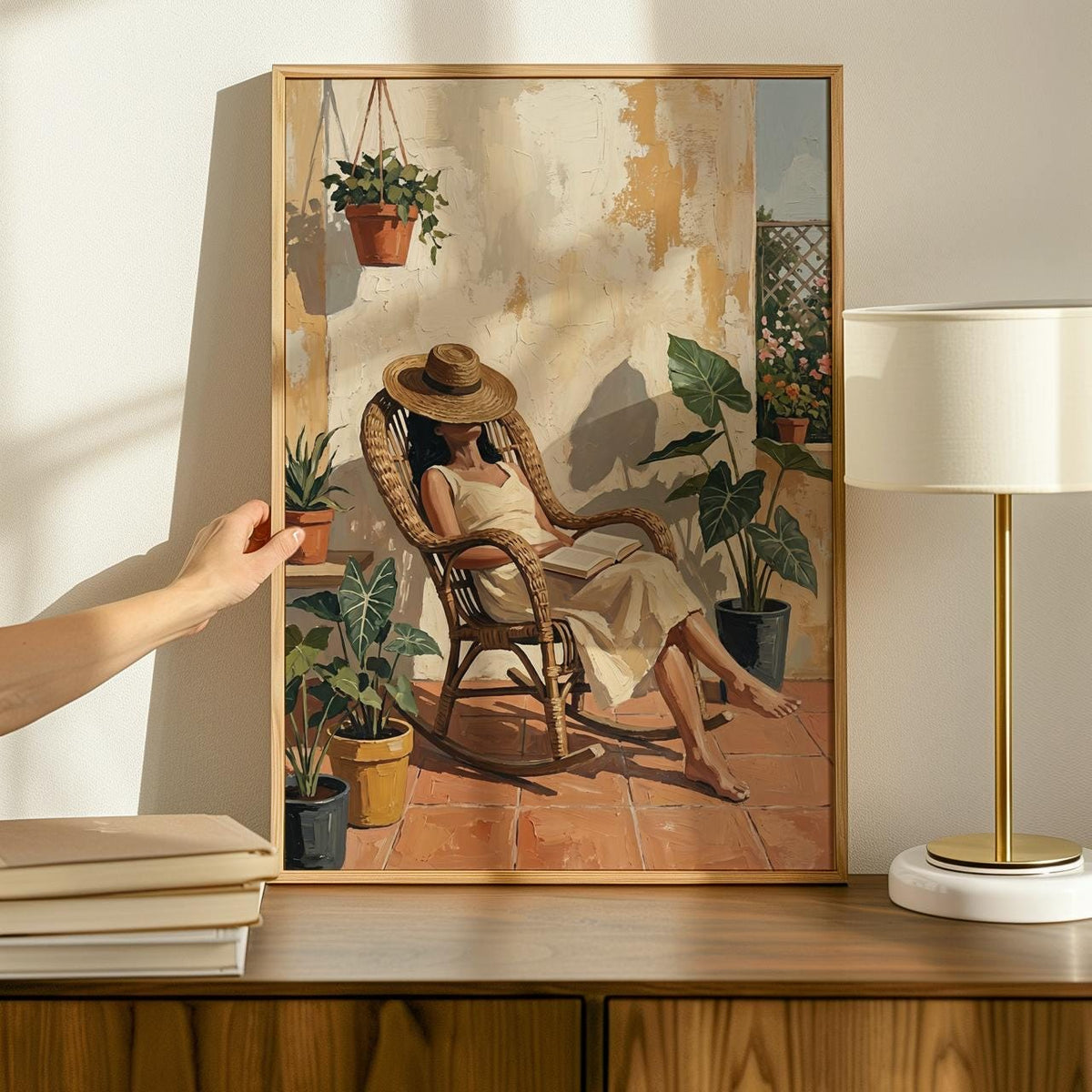 Terracotta Woman Reading Painting, Minimalist Balcony Scene Illustration, Cozy Book Lover Wall Art, ART353