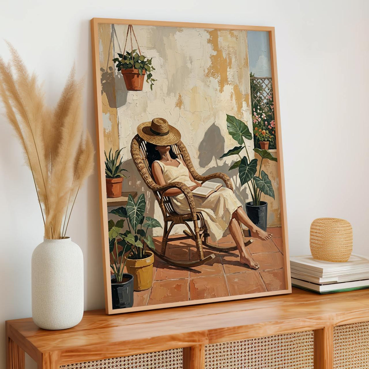 Terracotta Woman Reading Painting, Minimalist Balcony Scene Illustration, Cozy Book Lover Wall Art, ART353