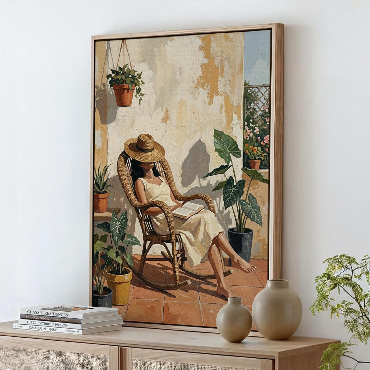 Terracotta Woman Reading Painting, Minimalist Balcony Scene Illustration, Cozy Book Lover Wall Art, ART353