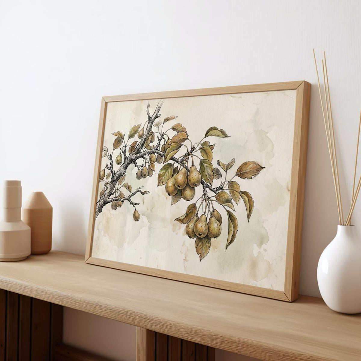 Framed Canvas Vintage Pear Tree Art Print, Neutral Nature Sketch Wall Art for Kitchen and Living Room, ART280