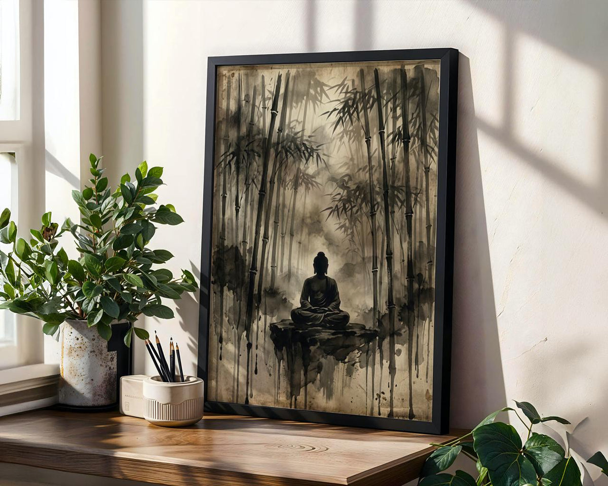Vintage Buddha Meditation Poster, Solitude Zen Wall Art, Bodhi Tree Spiritual Canvas Print, ART290