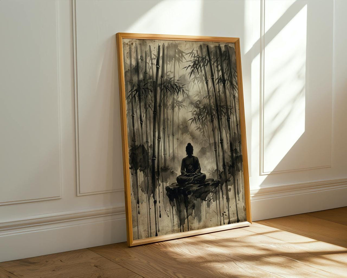 Vintage Buddha Meditation Poster, Solitude Zen Wall Art, Bodhi Tree Spiritual Canvas Print, ART290