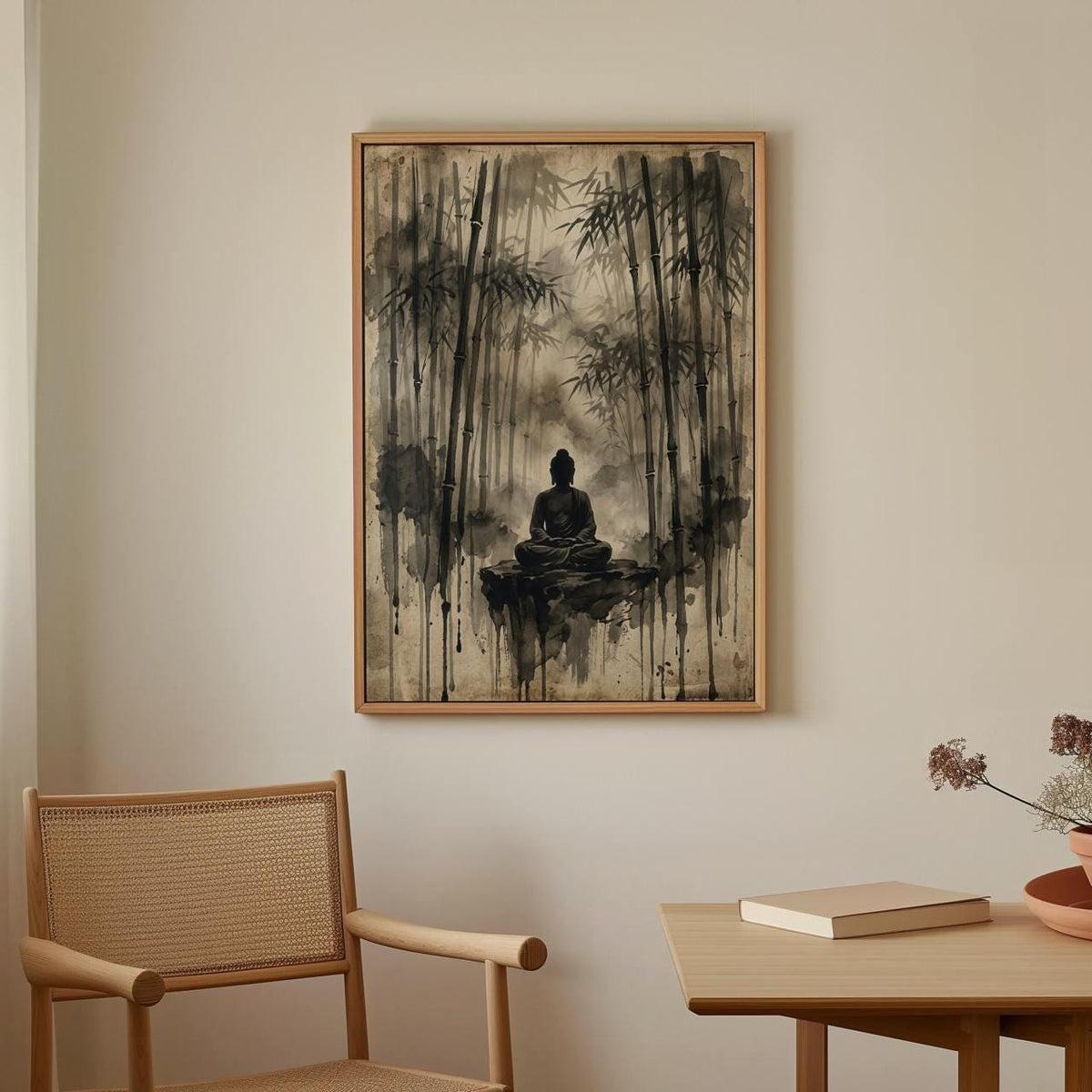 Vintage Buddha Meditation Poster, Solitude Zen Wall Art, Bodhi Tree Spiritual Canvas Print, ART290