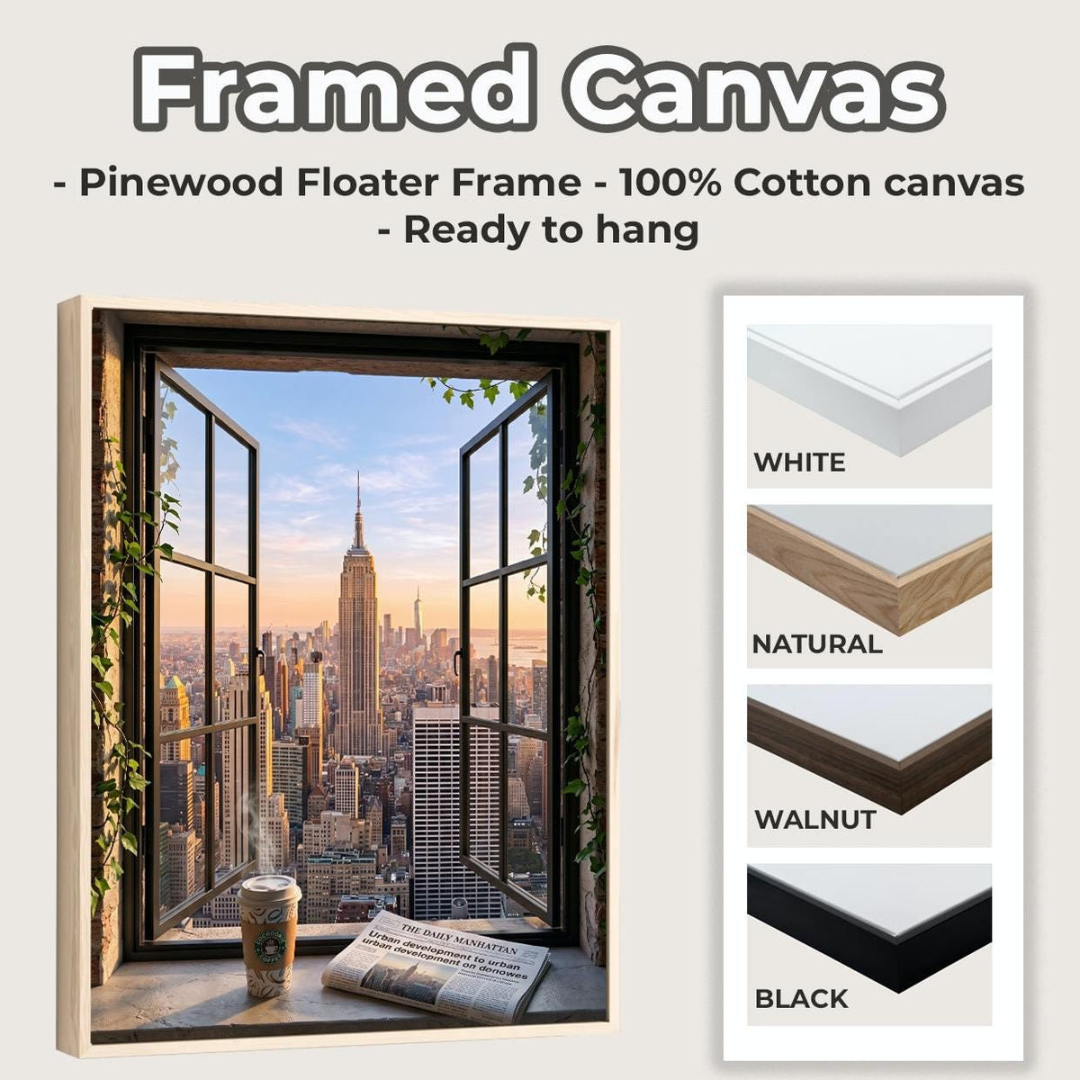 Open Window Manhattan View Print, New York City Skyline Wall Art, Urban Balcony Scene, Modern Retro Poster, ART337