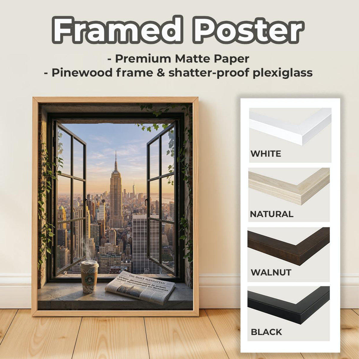 Open Window Manhattan View Print, New York City Skyline Wall Art, Urban Balcony Scene, Modern Retro Poster, ART337