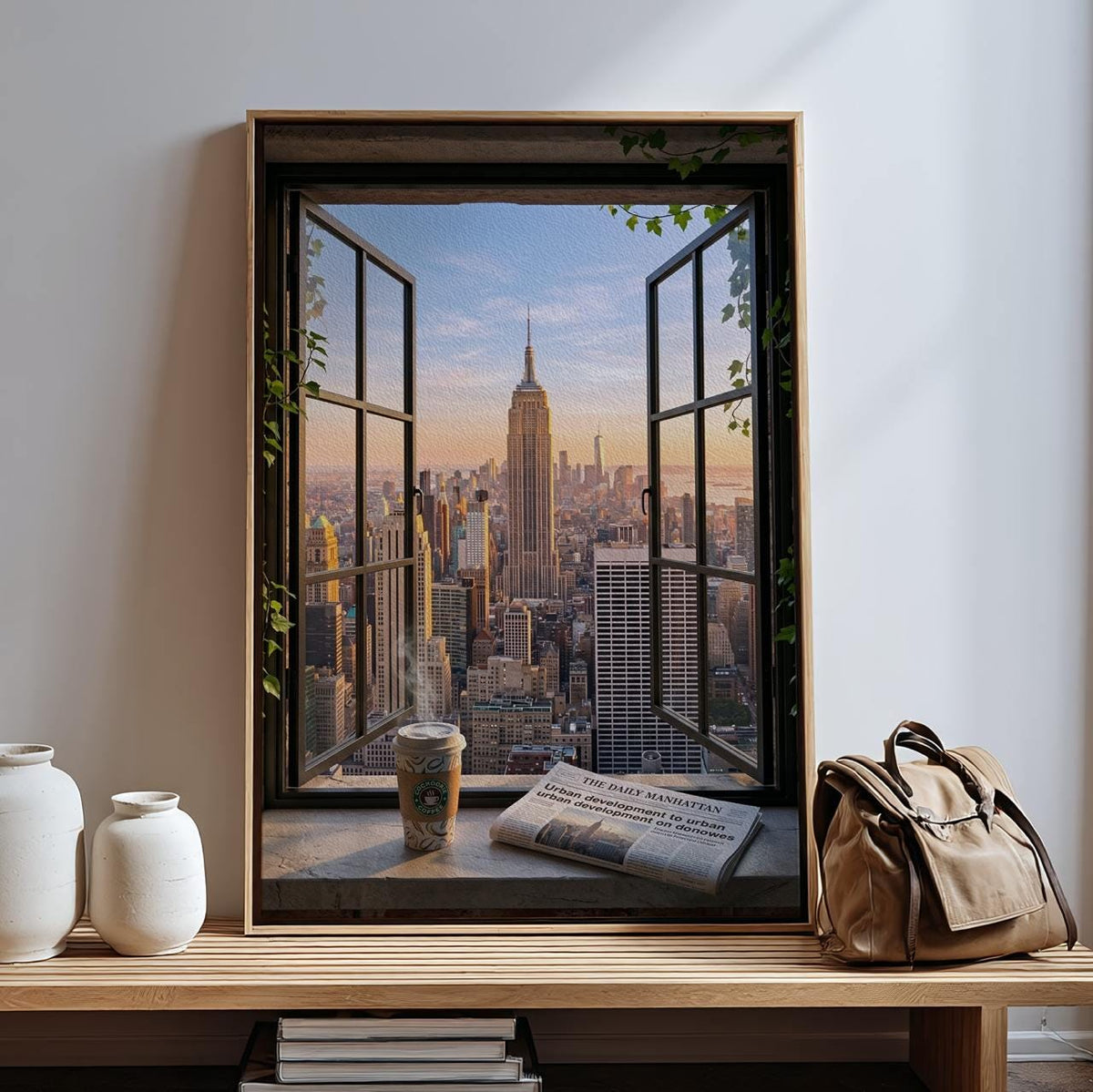 Open Window Manhattan View Print, New York City Skyline Wall Art, Urban Balcony Scene, Modern Retro Poster, ART337