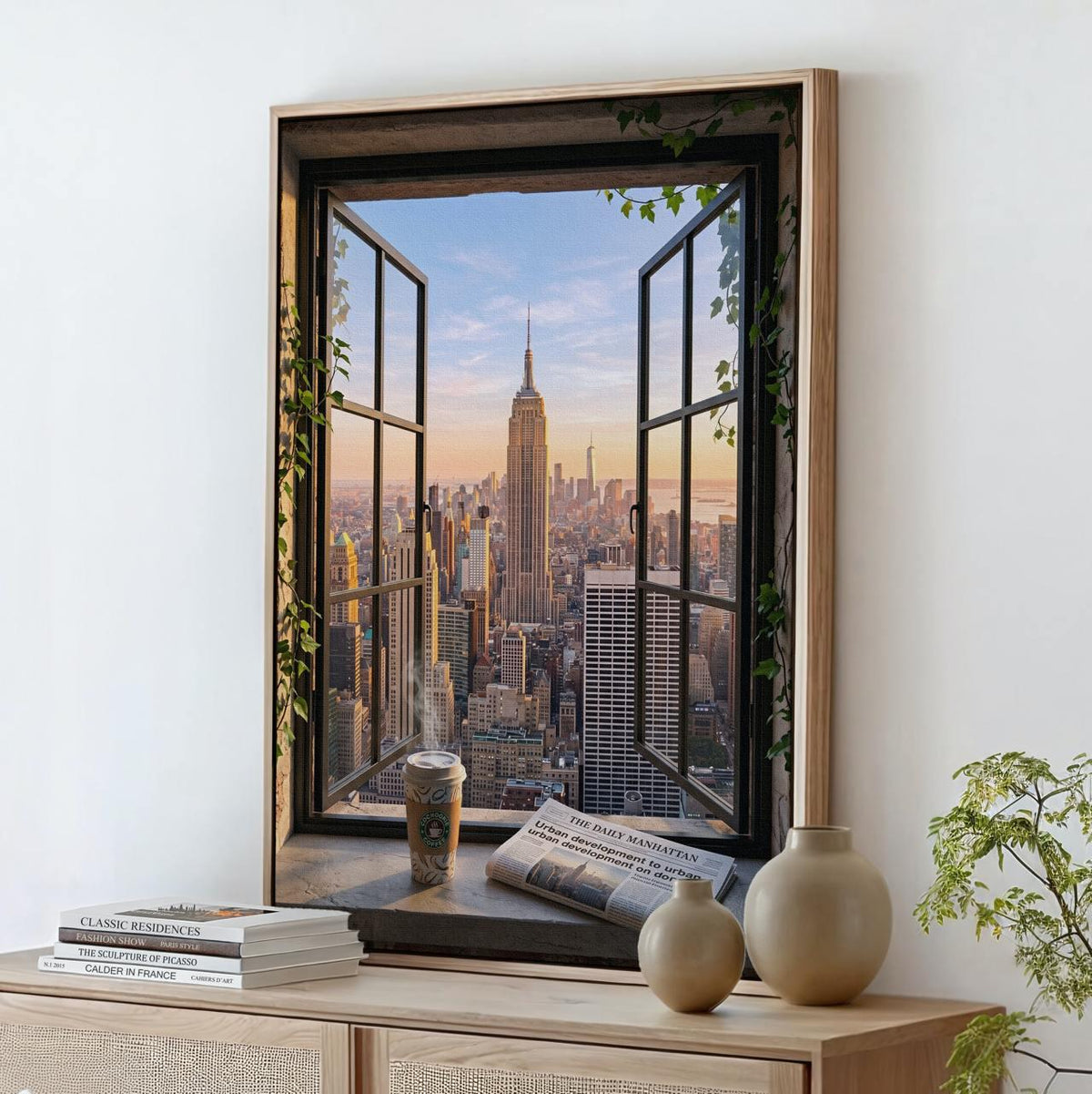 Open Window Manhattan View Print, New York City Skyline Wall Art, Urban Balcony Scene, Modern Retro Poster, ART337