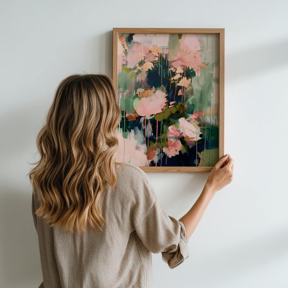 Abstract Floral Wall Art Print, Blush Pink and Sage Green Modern Shapes, Contemporary Living Room Decor, ART118