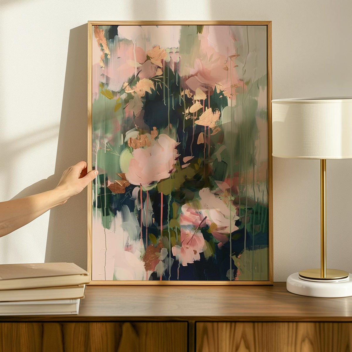 Abstract Floral Wall Art Print, Blush Pink and Sage Green Modern Shapes, Contemporary Living Room Decor, ART118