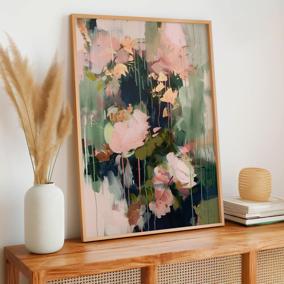 Abstract Floral Wall Art Print, Blush Pink and Sage Green Modern Shapes, Contemporary Living Room Decor, ART118
