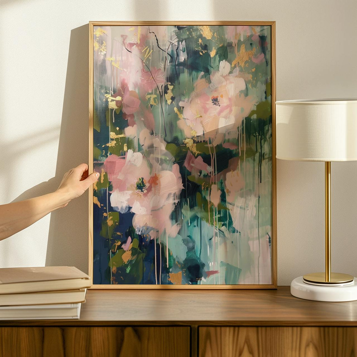 Abstract Botanical Wall Art, Soft Blush and Sage Green Print, Modern Shapes Artwork for Living Room, ART118