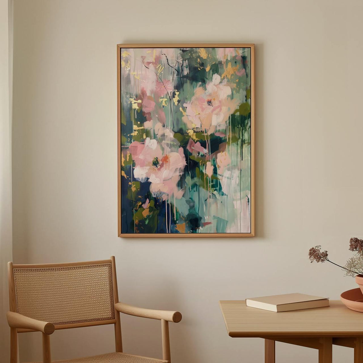 Abstract Botanical Wall Art, Soft Blush and Sage Green Print, Modern Shapes Artwork for Living Room, ART118