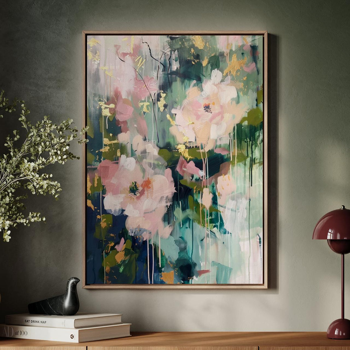 Abstract Botanical Wall Art, Soft Blush and Sage Green Print, Modern Shapes Artwork for Living Room, ART118