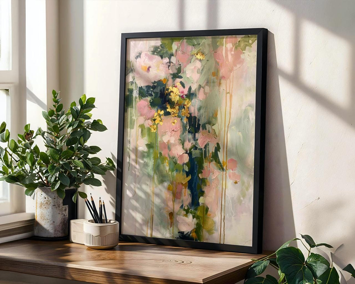 Modern Floral Shape Wall Art, Abstract Blush Pink and Green Print, Stylish Living Room Decor, ART118