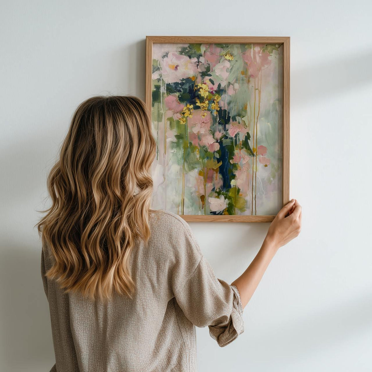 Modern Floral Shape Wall Art, Abstract Blush Pink and Green Print, Stylish Living Room Decor, ART118