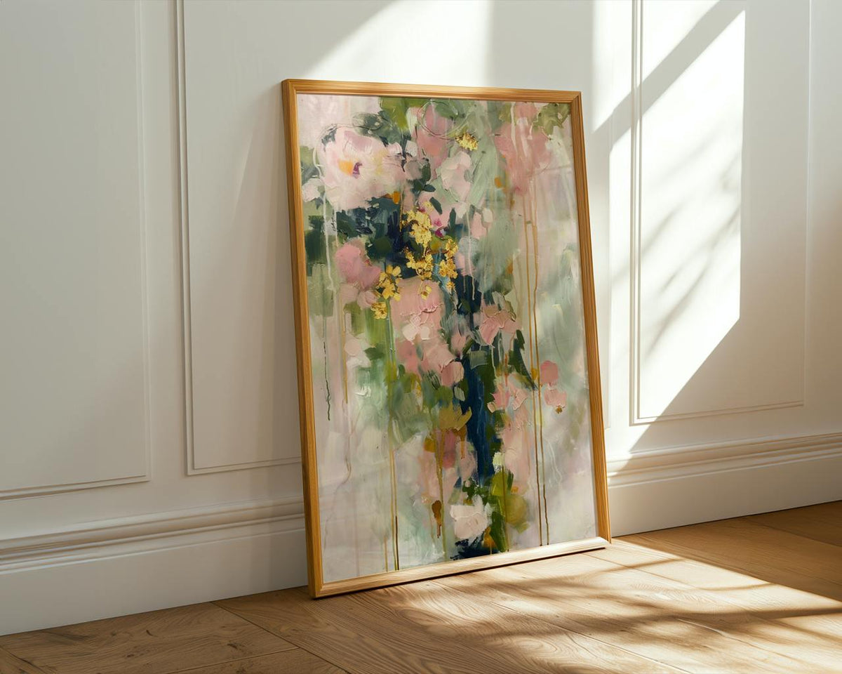 Modern Floral Shape Wall Art, Abstract Blush Pink and Green Print, Stylish Living Room Decor, ART118