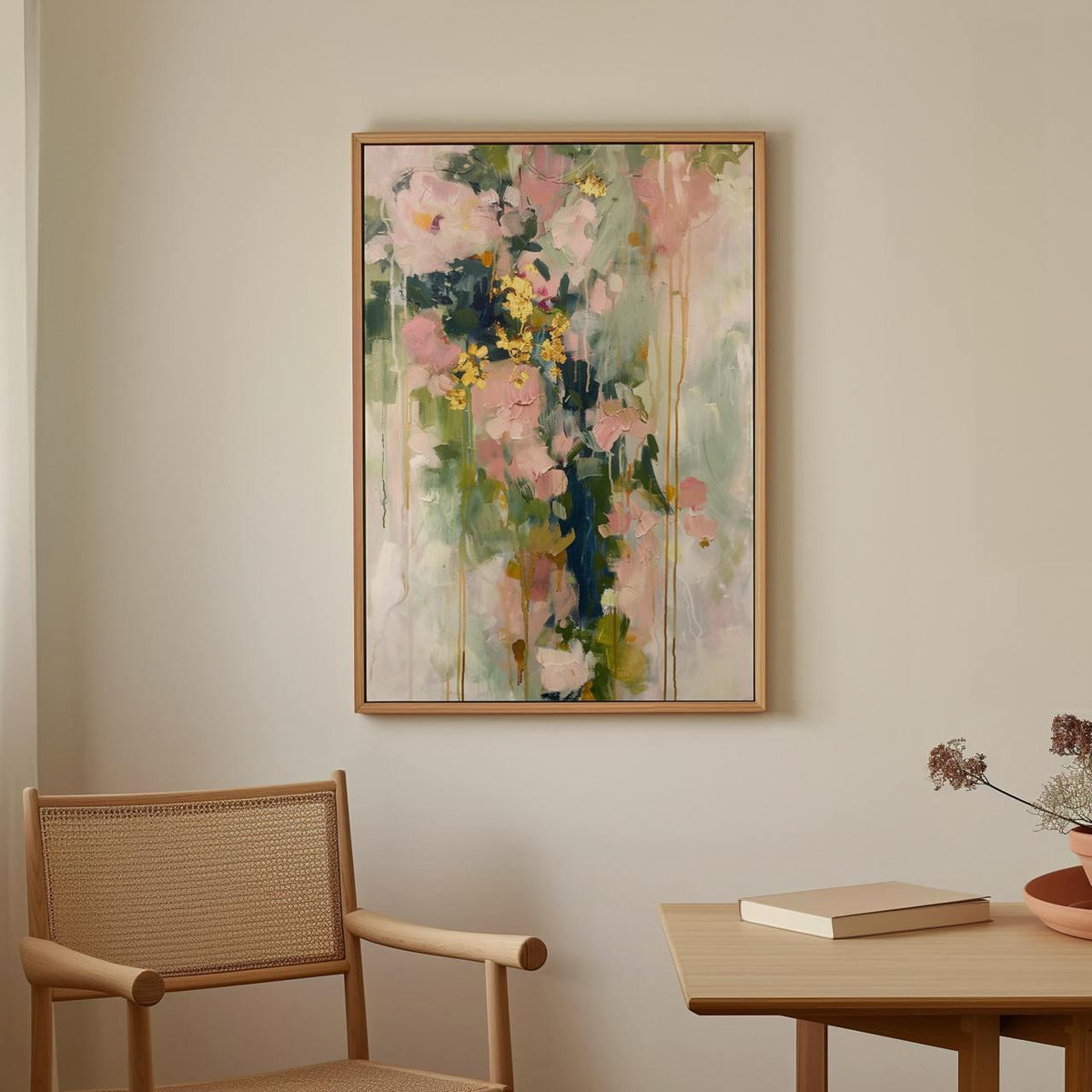 Modern Floral Shape Wall Art, Abstract Blush Pink and Green Print, Stylish Living Room Decor, ART118