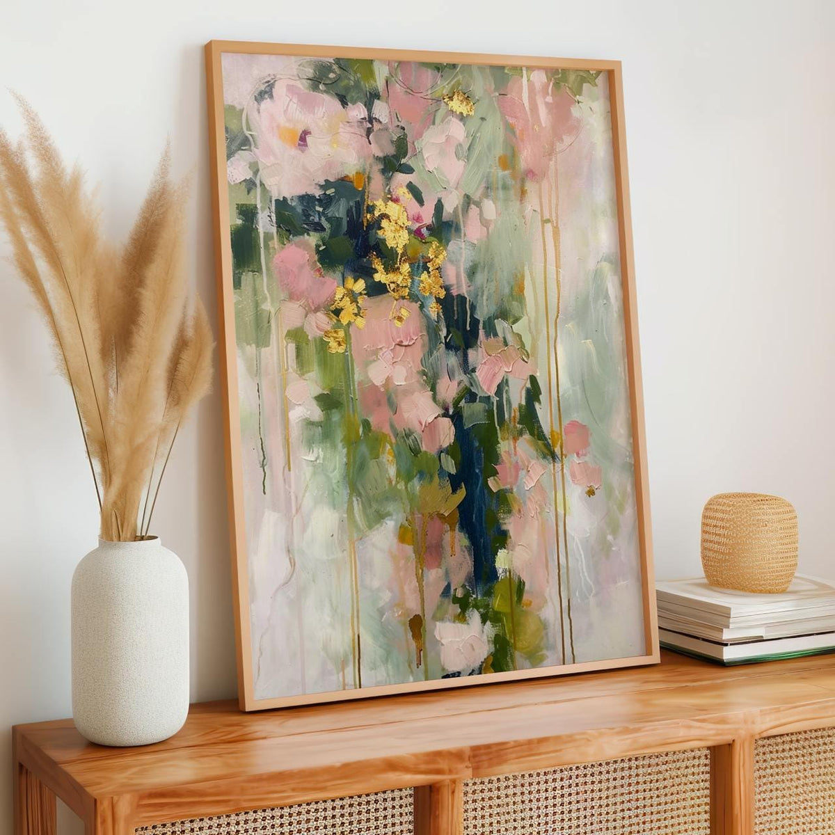 Modern Floral Shape Wall Art, Abstract Blush Pink and Green Print, Stylish Living Room Decor, ART118