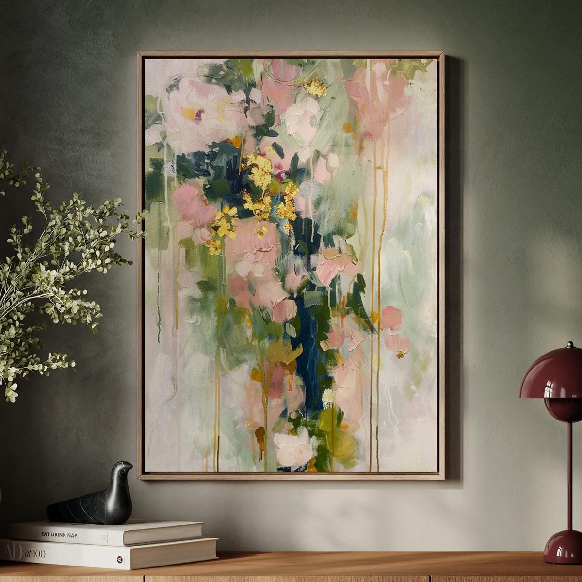 Modern Floral Shape Wall Art, Abstract Blush Pink and Green Print, Stylish Living Room Decor, ART118