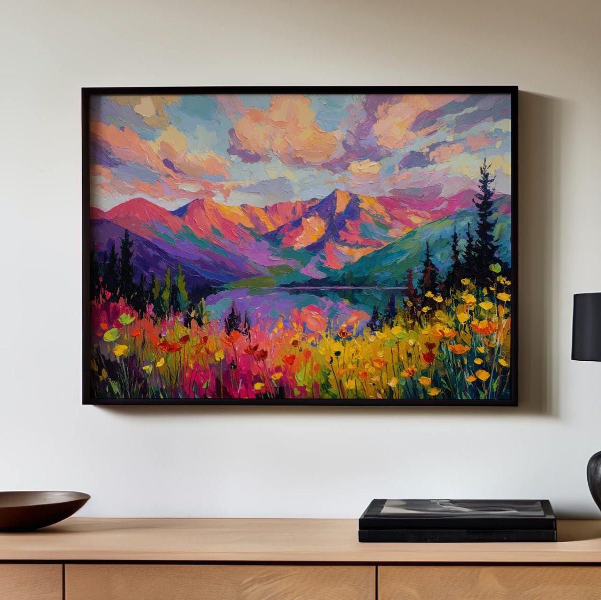 Rocky Mountains Wildflower Field Print, Abstract Mountain Canvas, Impressionist Floral Wall Art, ART294