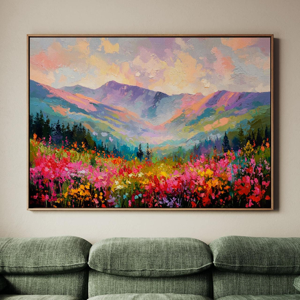 Wildflower Field and Mountain Canvas Print, Pastel Abstract Rocky Mountains, Floral Landscape Art, ART294