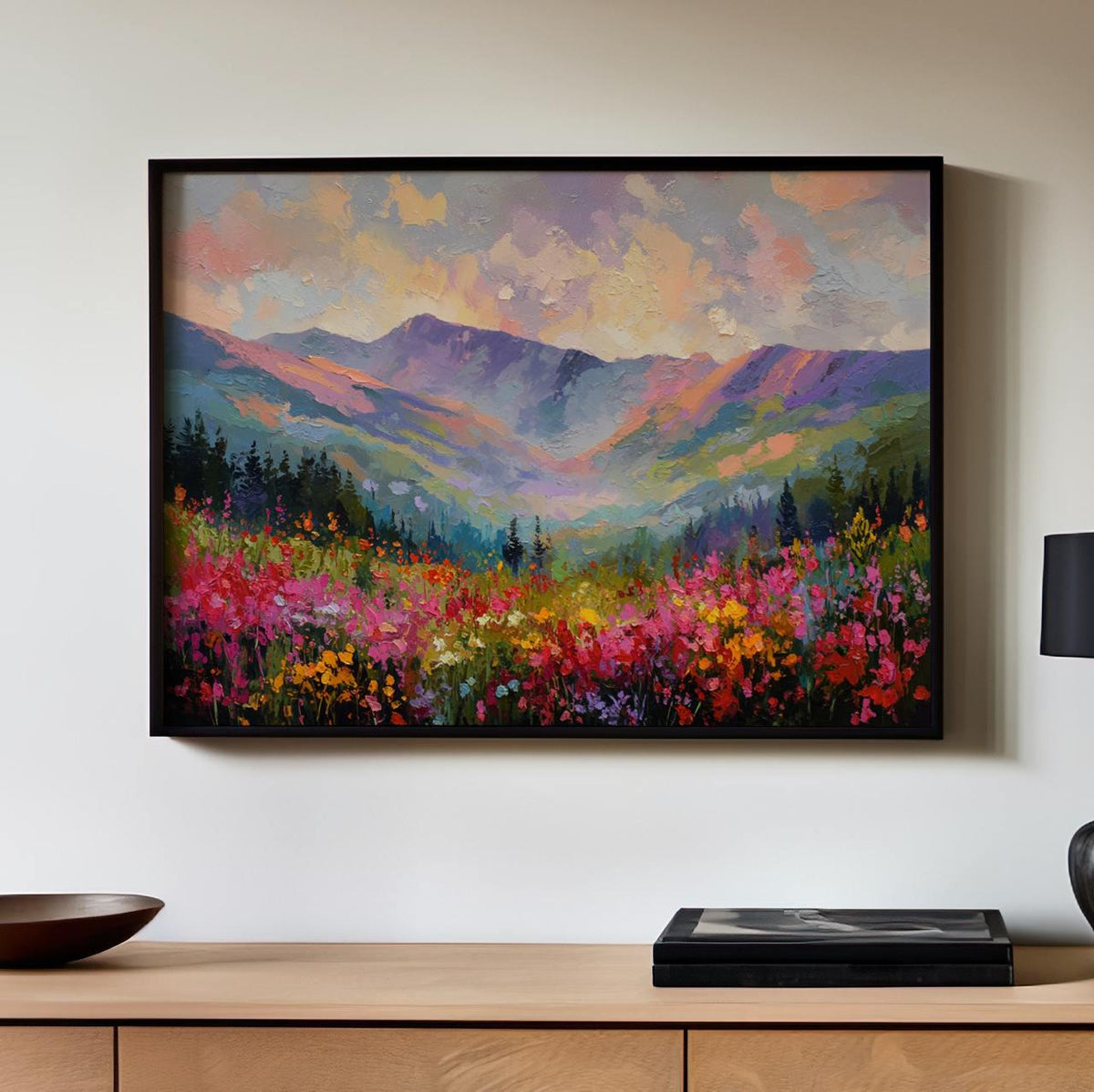Wildflower Field and Mountain Canvas Print, Pastel Abstract Rocky Mountains, Floral Landscape Art, ART294