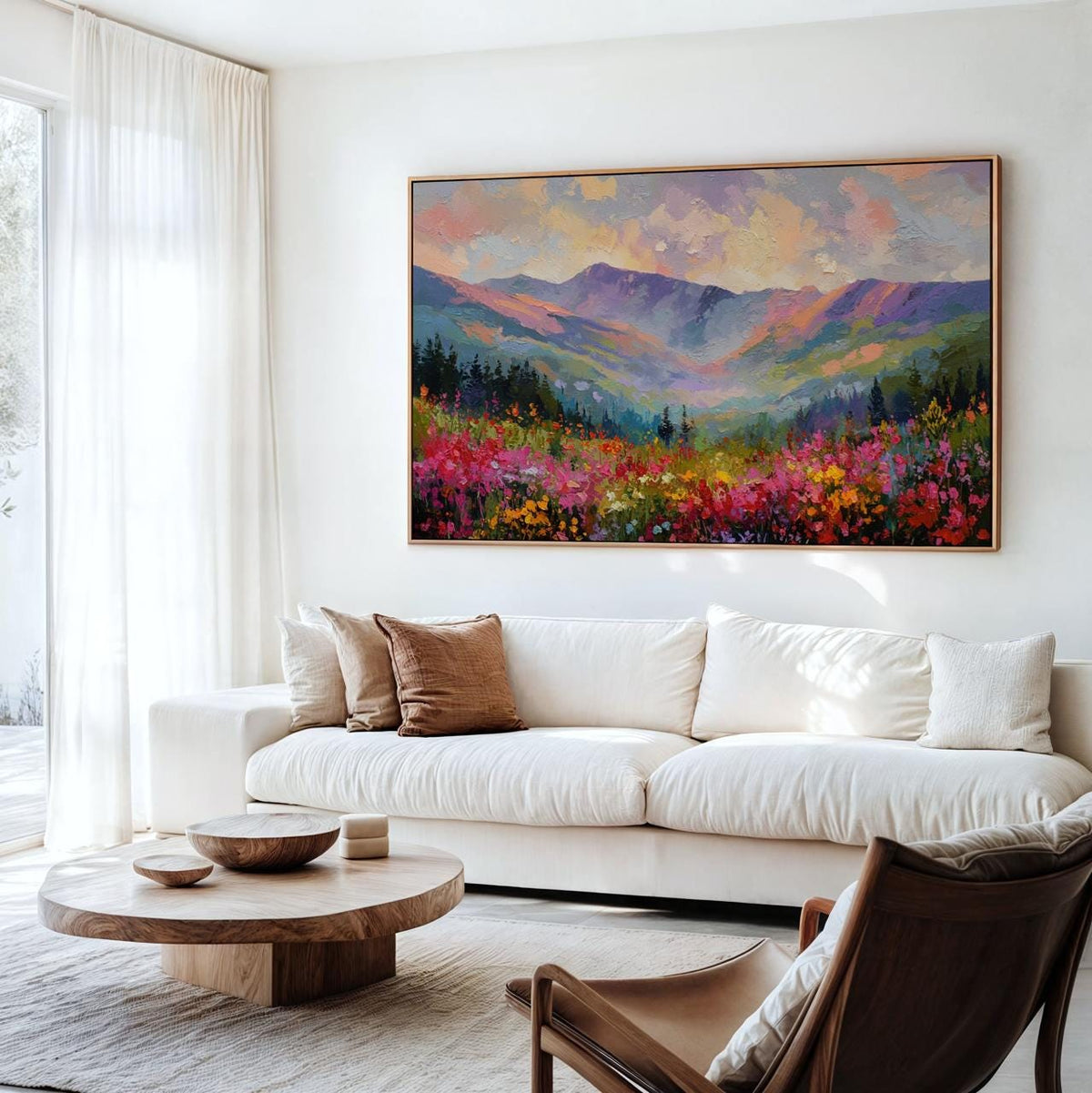Wildflower Field and Mountain Canvas Print, Pastel Abstract Rocky Mountains, Floral Landscape Art, ART294