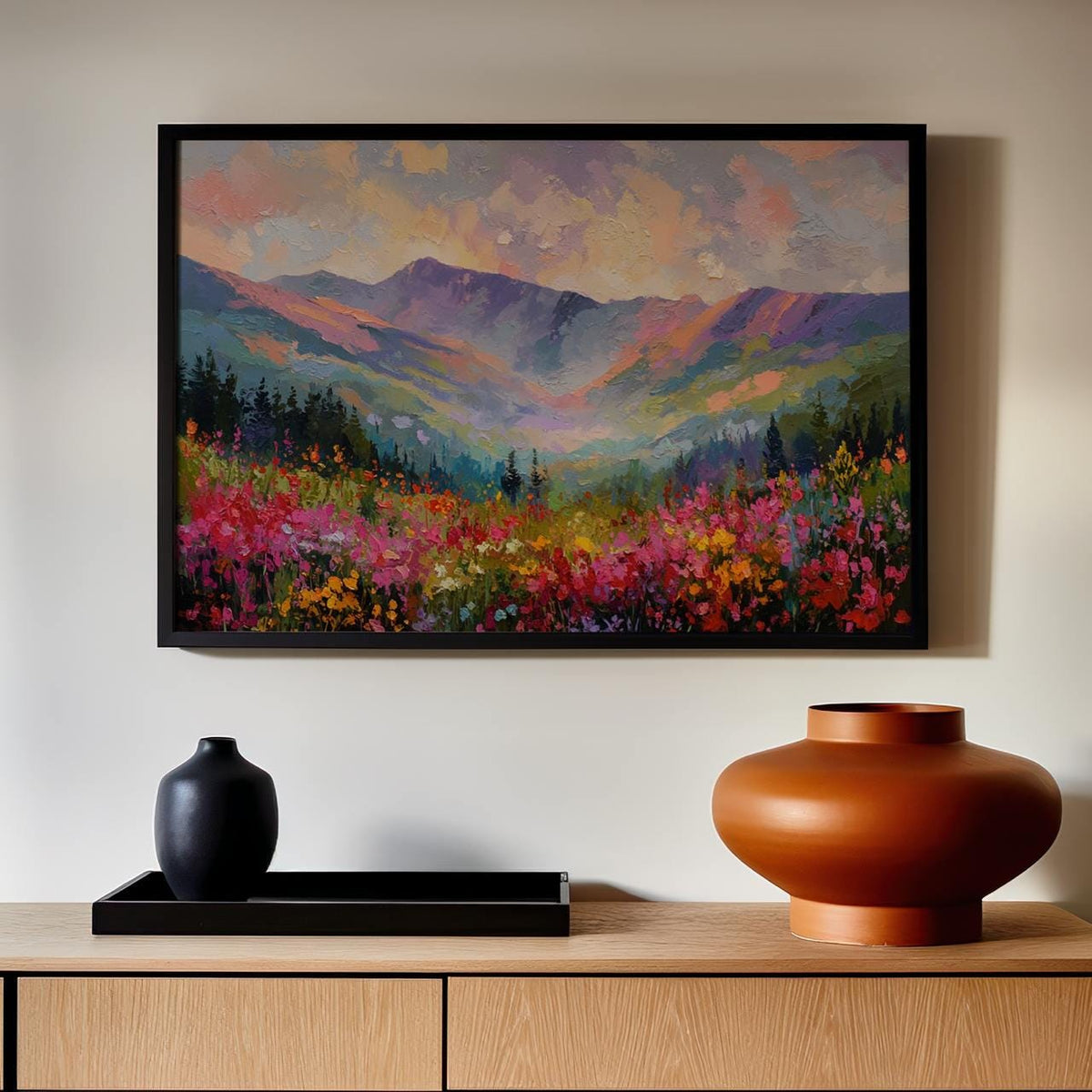 Wildflower Field and Mountain Canvas Print, Pastel Abstract Rocky Mountains, Floral Landscape Art, ART294