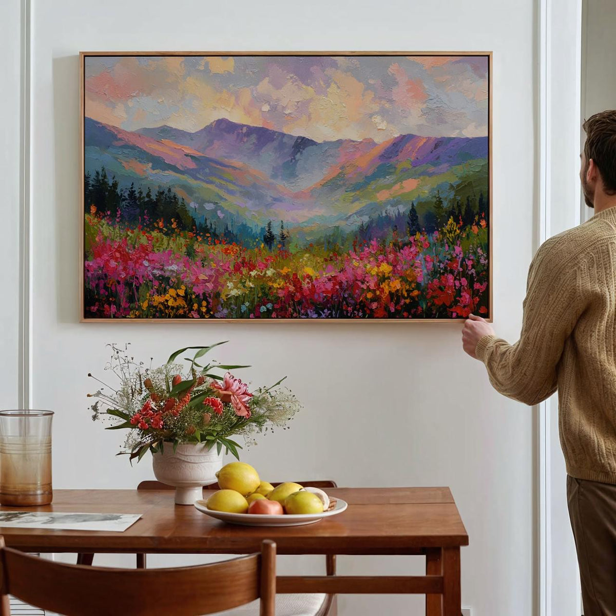 Wildflower Field and Mountain Canvas Print, Pastel Abstract Rocky Mountains, Floral Landscape Art, ART294