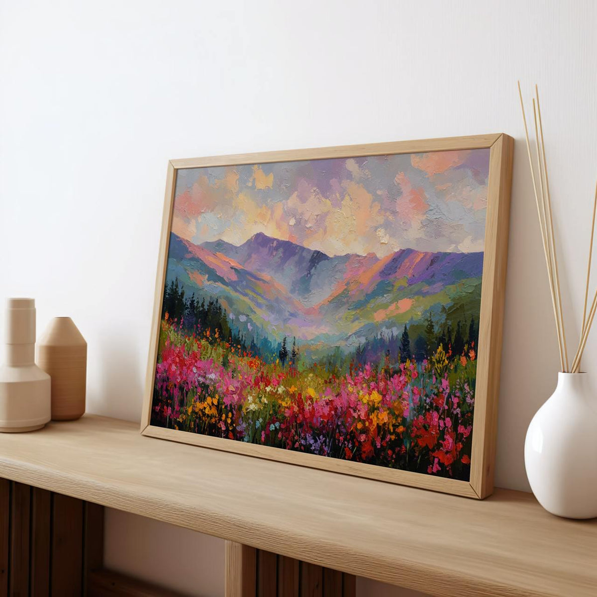 Wildflower Field and Mountain Canvas Print, Pastel Abstract Rocky Mountains, Floral Landscape Art, ART294