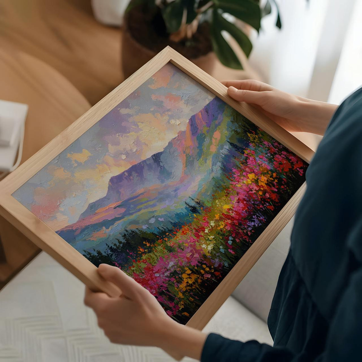 Wildflower Field and Mountain Canvas Print, Pastel Abstract Rocky Mountains, Floral Landscape Art, ART294