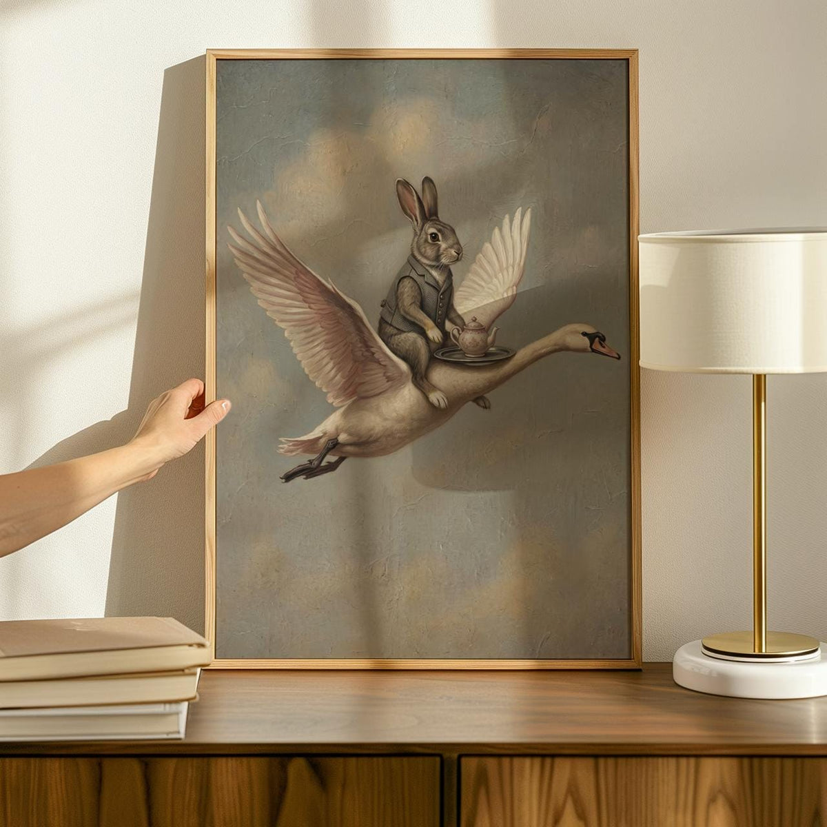 Whimsical Rabbit on Swan Print, Vintage-Style Animal Painting, Surreal Home Decor, ART32