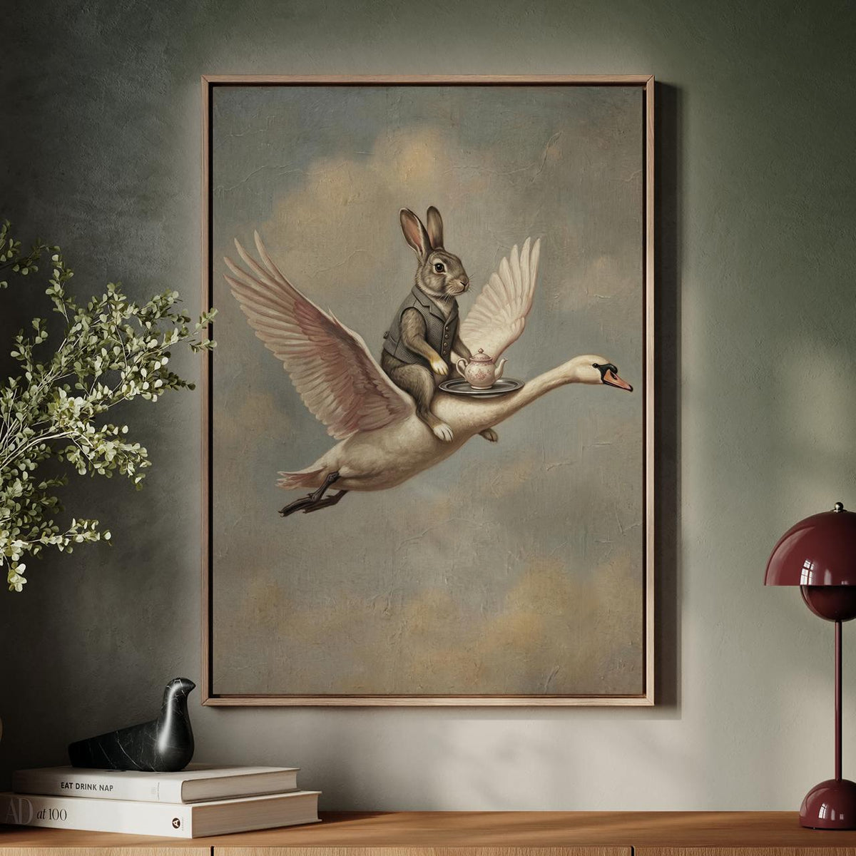 Whimsical Rabbit on Swan Print, Vintage-Style Animal Painting, Surreal Home Decor, ART32