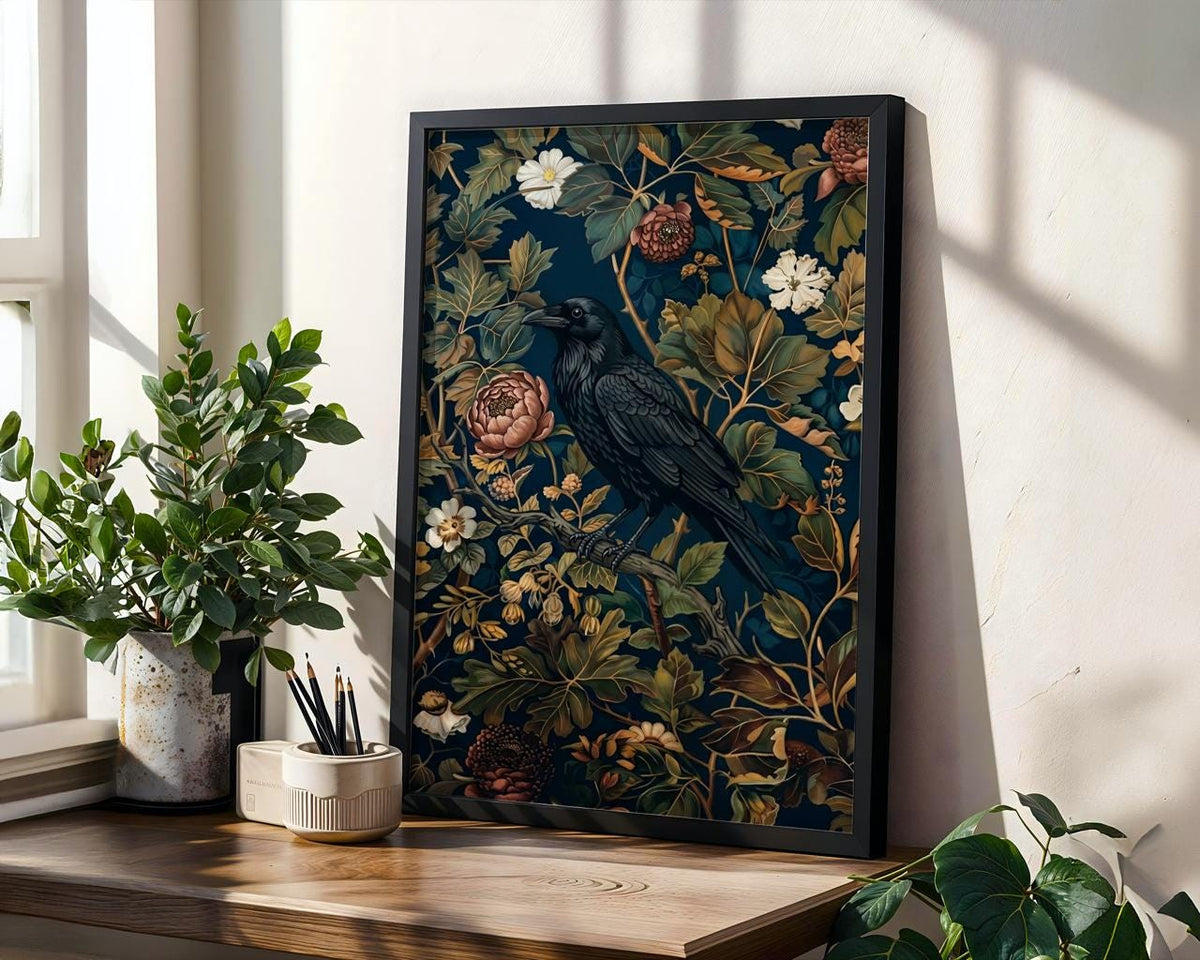 Black Crow William Morris Wall Art Print, Vintage Victorian Bird Poster, Cottagecore Dark Academia Decor, Mid Century Bo